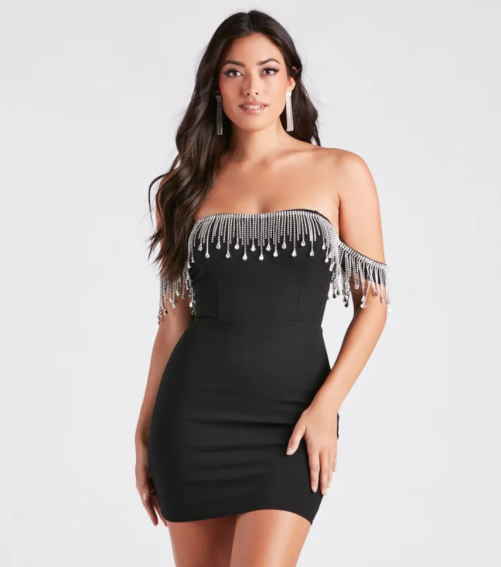 Shaylee Rhinestone Fringe Off-The-Shoulder Dress sold by Windsor