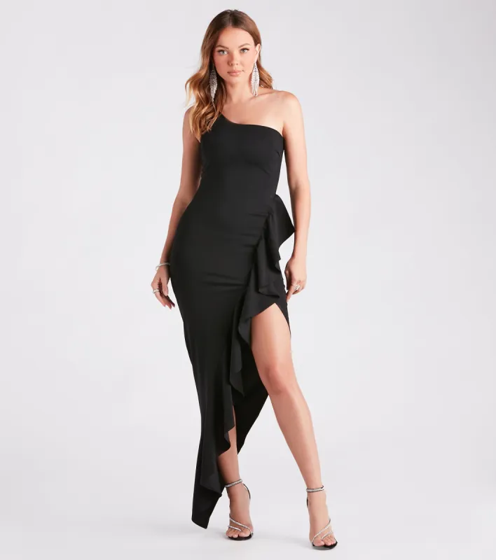 Becky Formal Crepe Ruffle Long Dress sold by Windsor