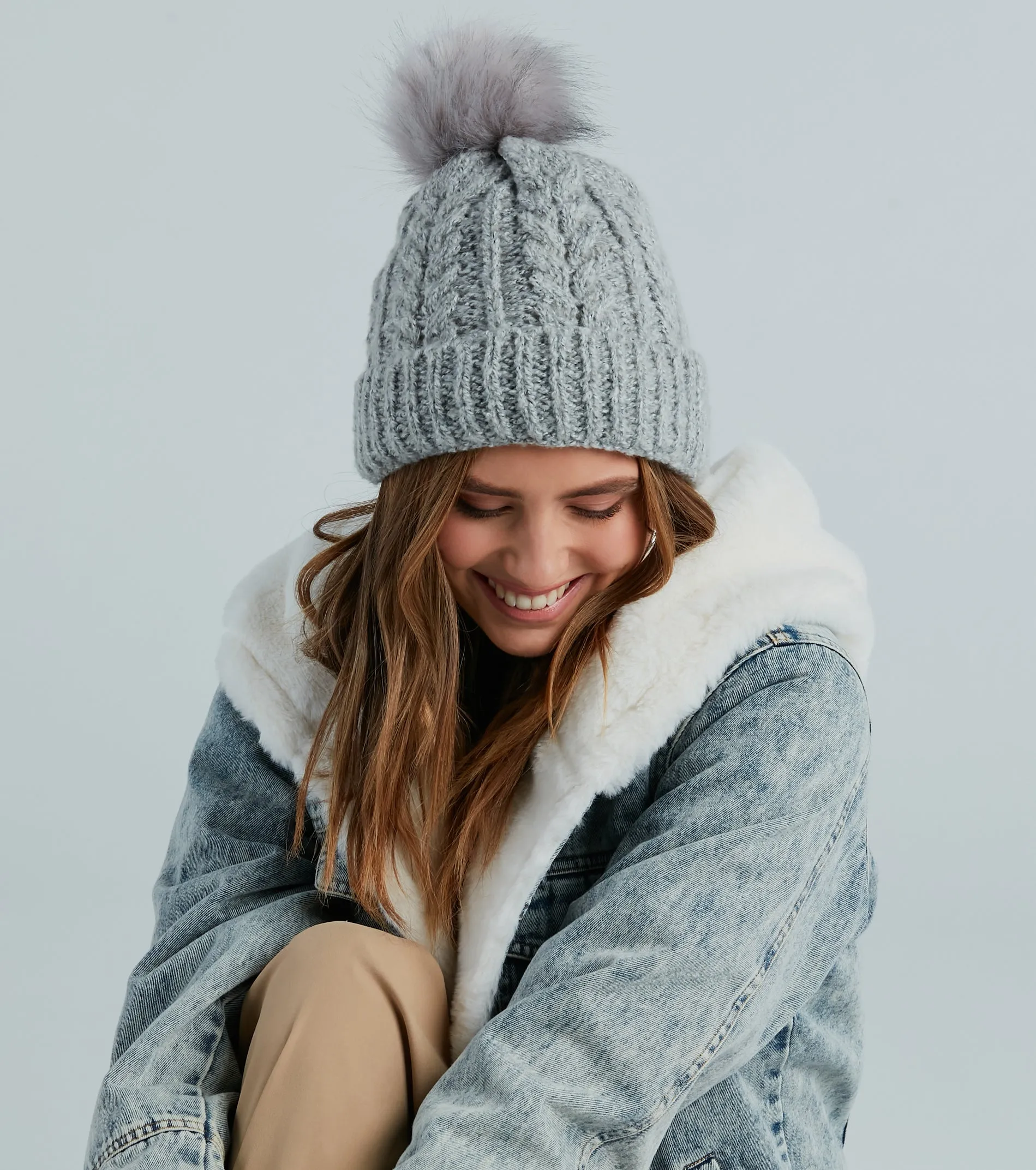 Snow Business Cable Knit Faux Fur Pom Beanie sold by Windsor product image thumbnail 2