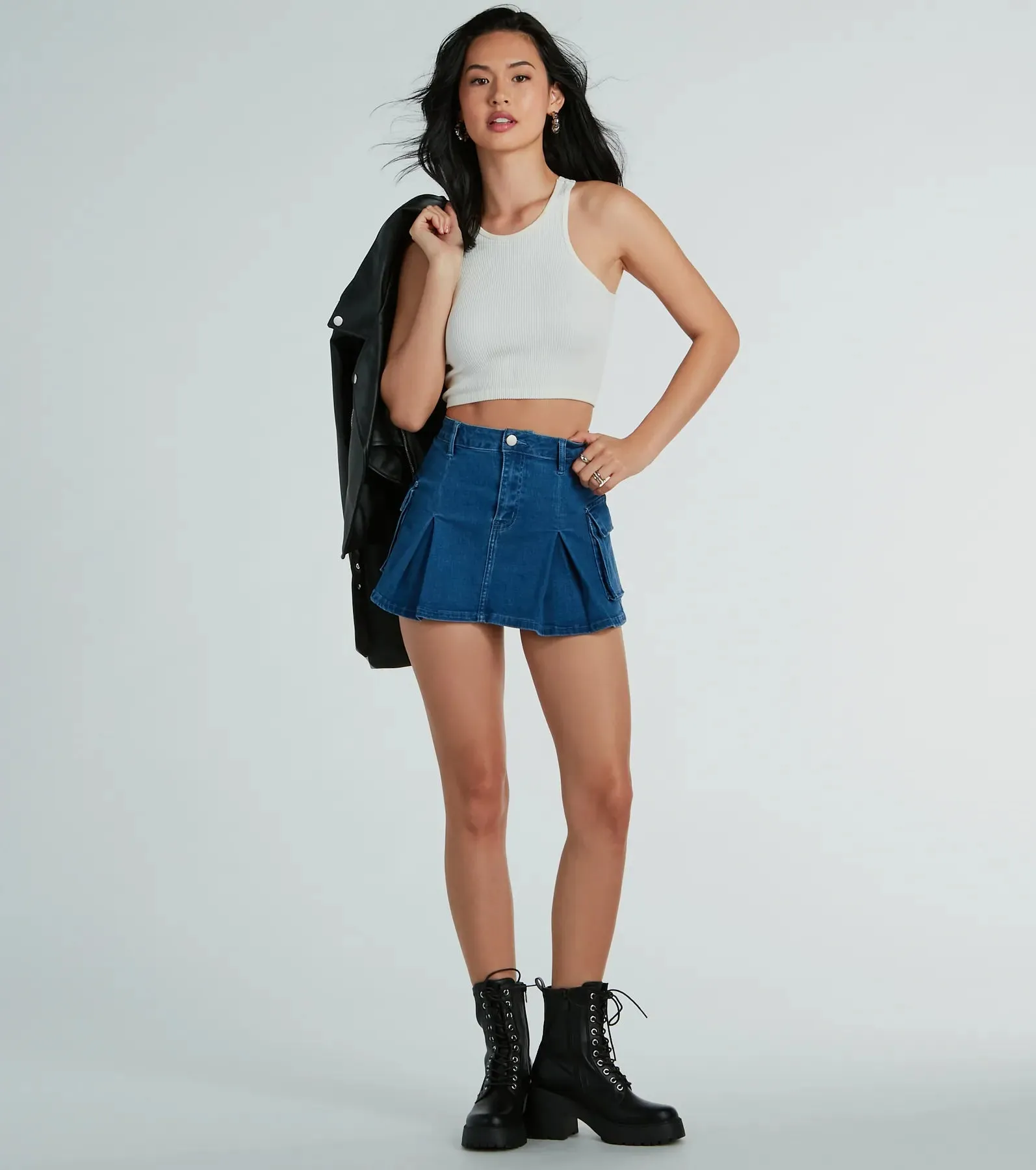 Channel Cute Mid-Rise Pleated Denim Mini Skirt sold by Windsor