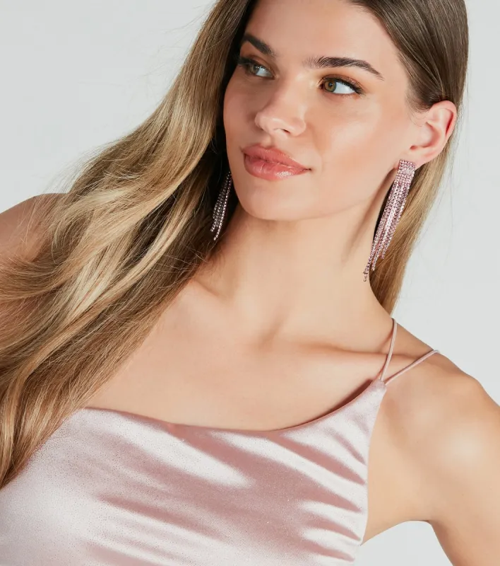 Amp Up The Glitz Rhinestone Fringe Earrings sold by Windsor