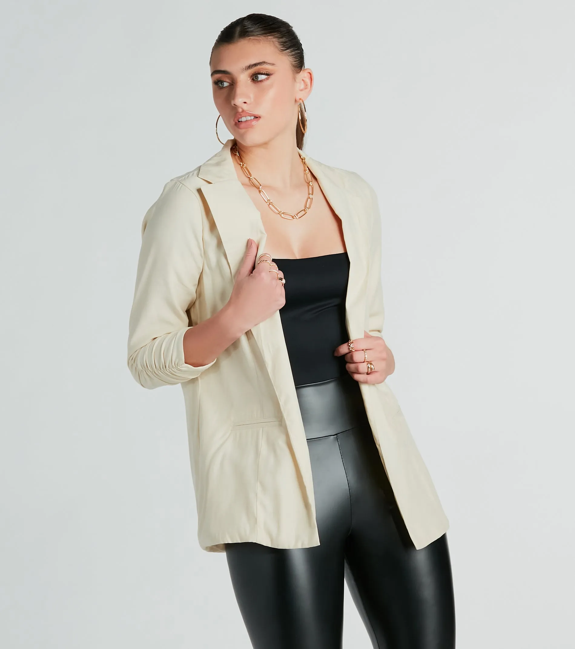 She's Chic Ruched-Sleeve Twill Blazer sold by Windsor