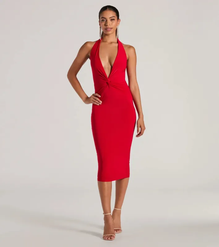 Evening Of Sultry Plunge V-Neck Halter Midi Dress sold by Windsor
