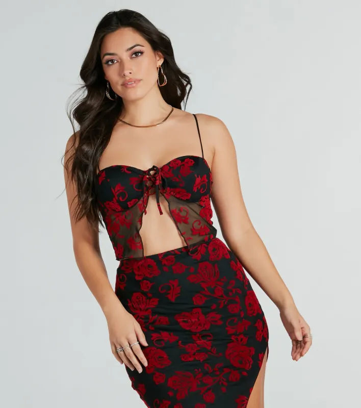 Elevated Allure Rose Burnout Mesh Crop Top sold by Windsor