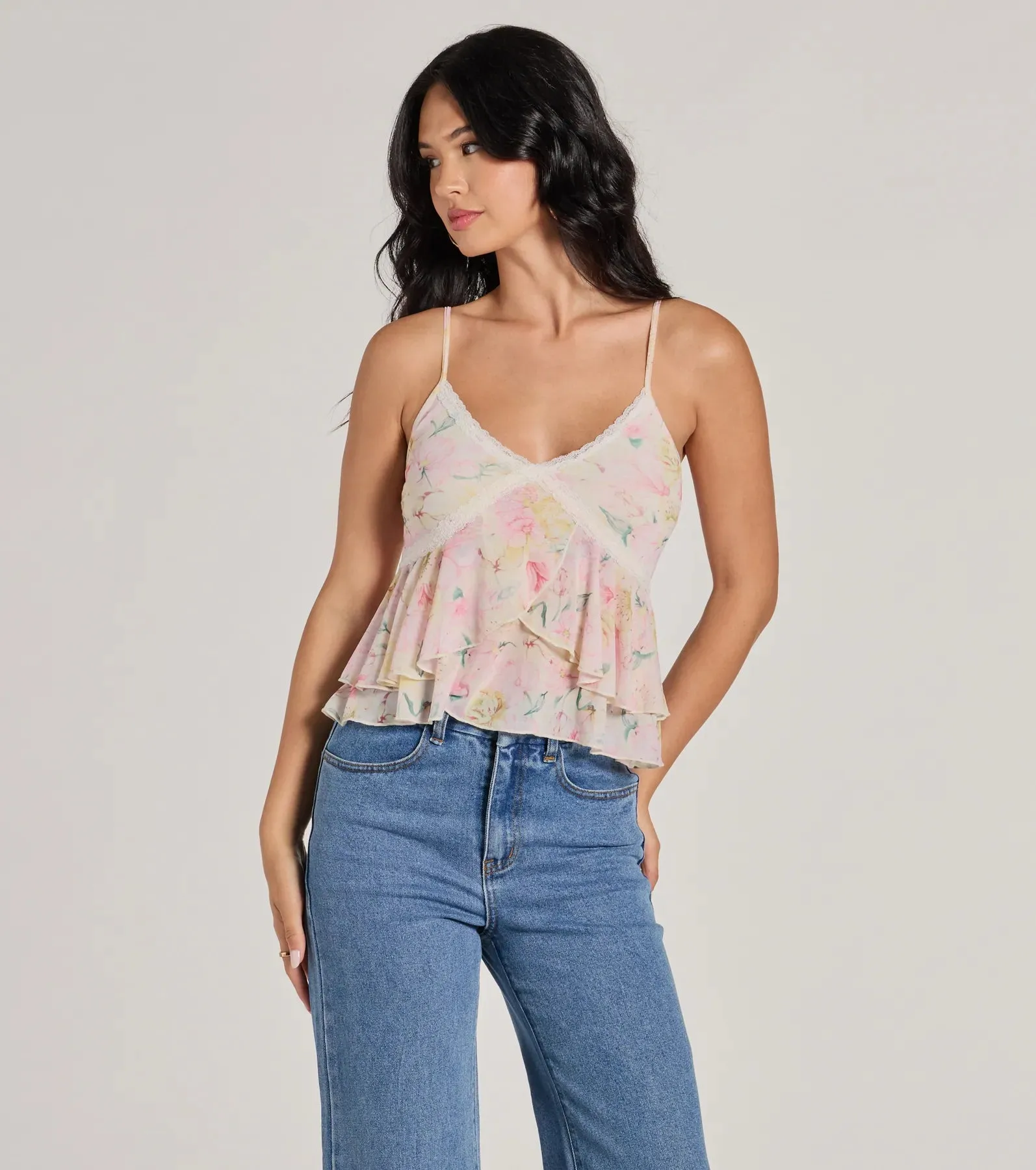 Flirty Ruffled Floral Mesh Lace Trim Top sold by Windsor