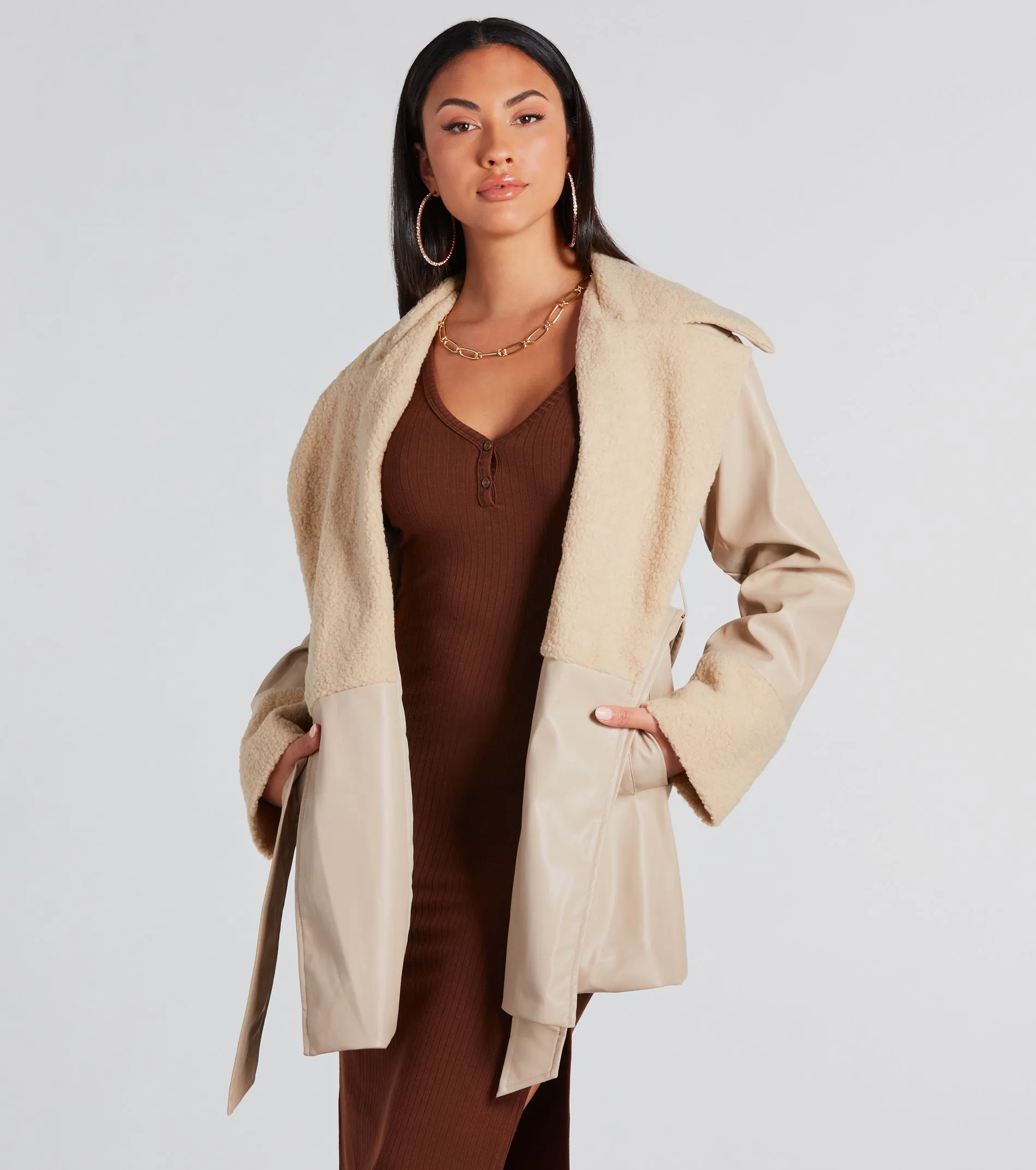 Can't Wait Faux Sherpa Leather Trench Coat sold by Windsor