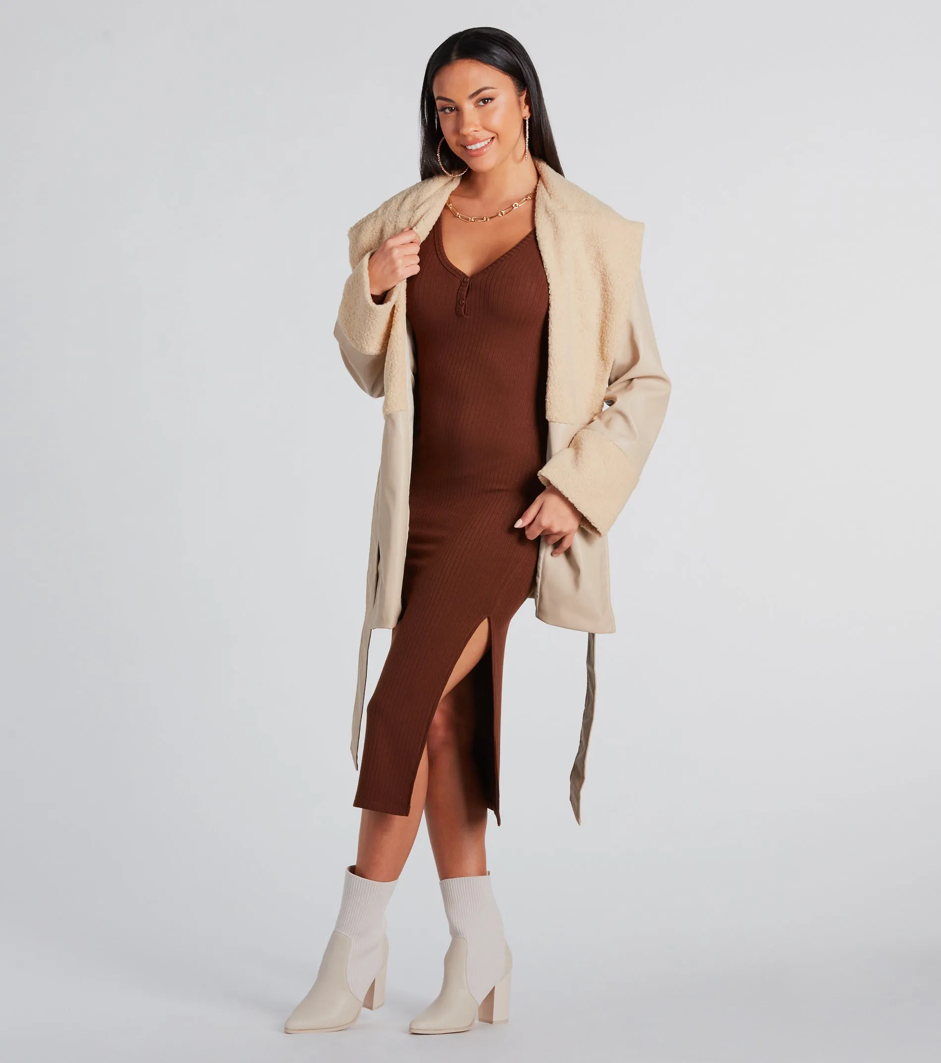 Can't Wait Faux Sherpa Leather Trench Coat sold by Windsor product image thumbnail 3