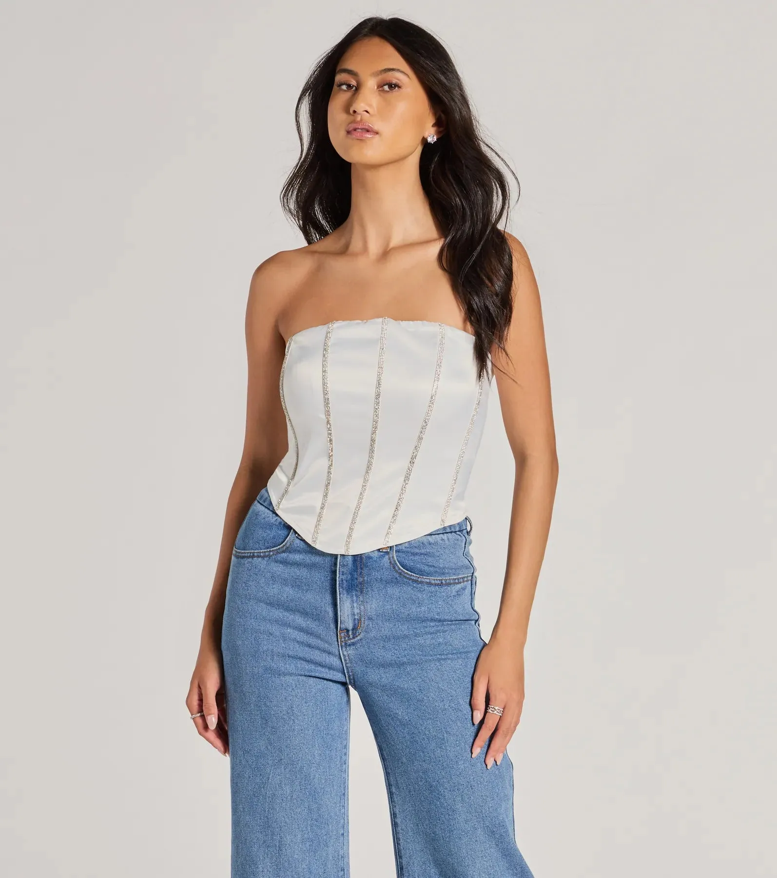 Glitz It Up Rhinestone Trim Satin Strapless Corset Top sold by Windsor