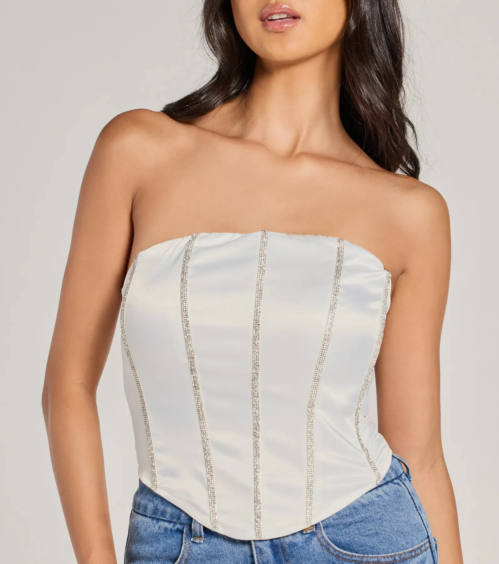 Glitz It Up Rhinestone Trim Satin Strapless Corset Top sold by Windsor product image thumbnail 4