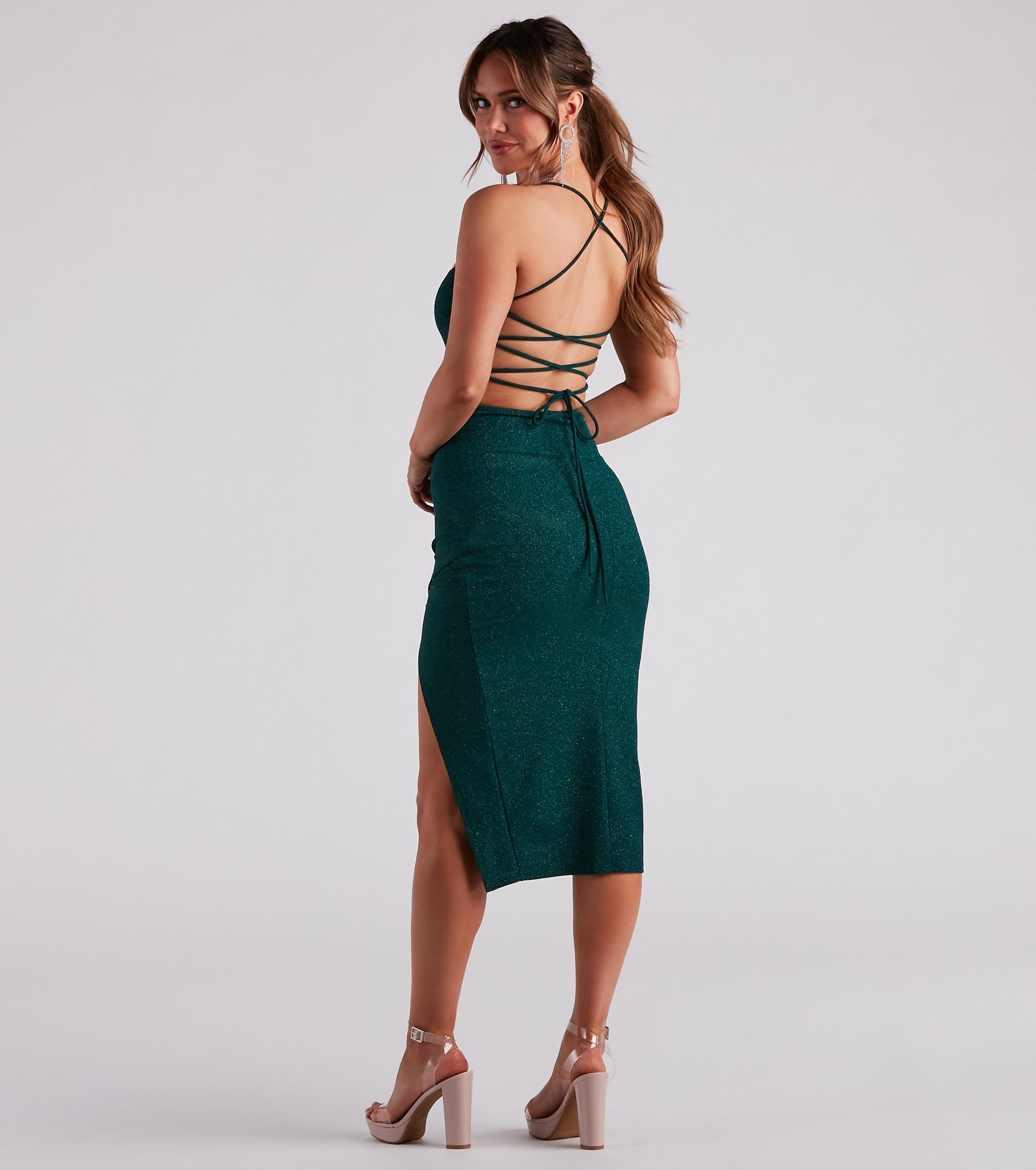 Keep It Sparkling Glitter Lace-Up Midi Dress sold by Windsor product image thumbnail 2