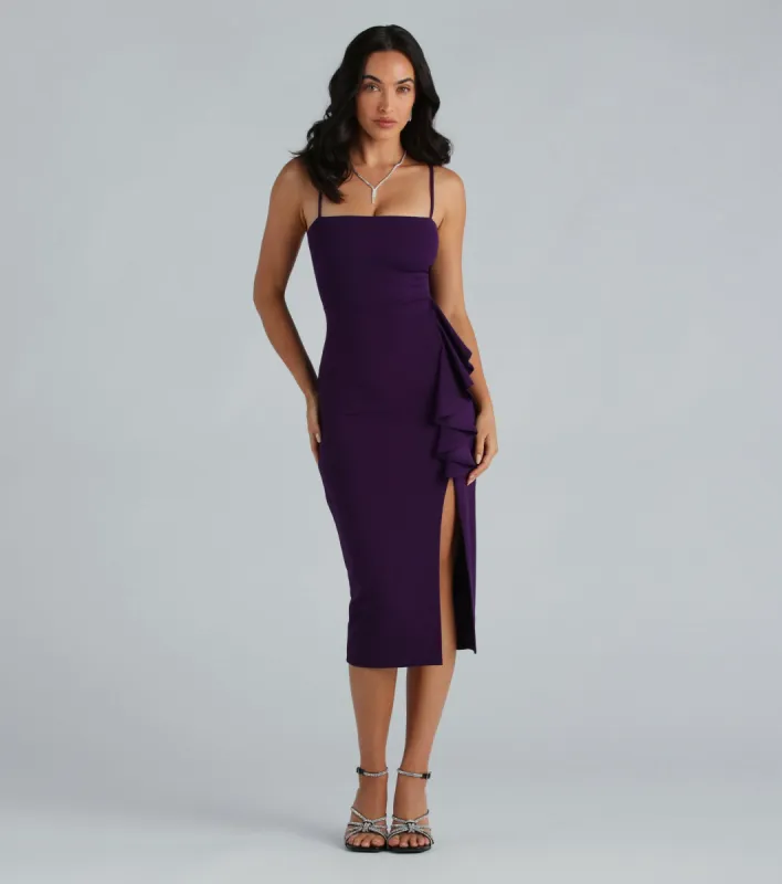 Attract Attention Crepe Ruffle Midi Dress sold by Windsor