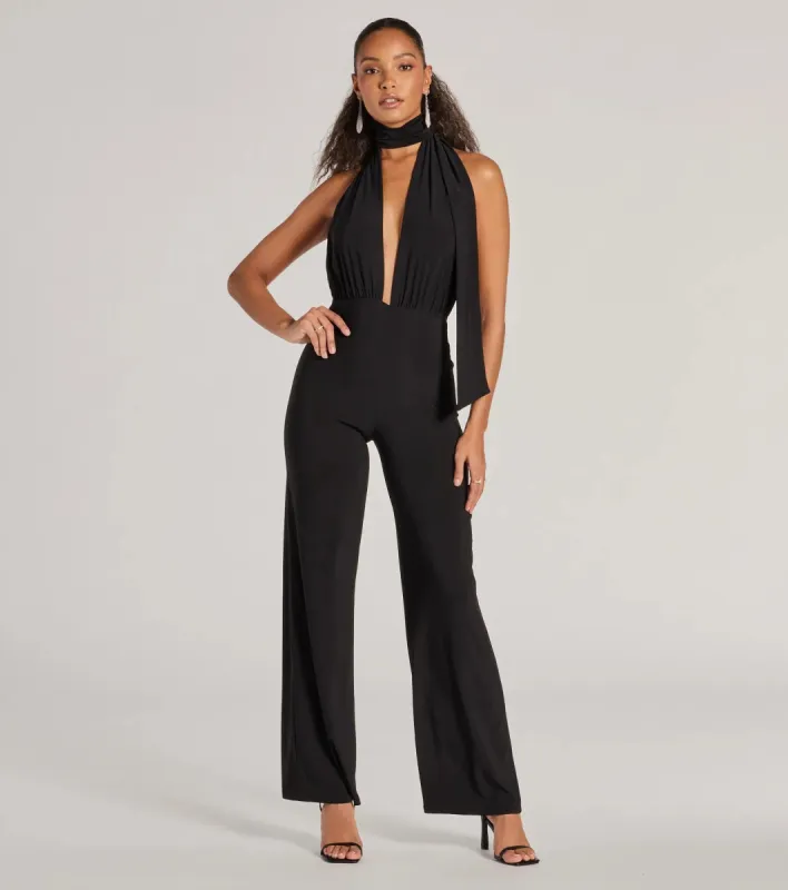 Chic Position Plunge Scarf Straight-Leg Jumpsuit sold by Windsor