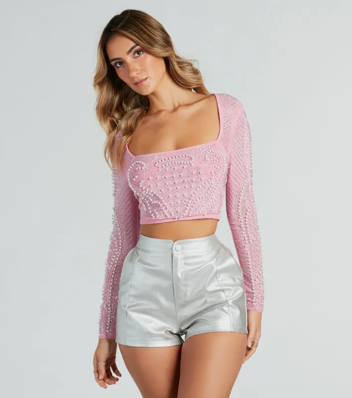PLACEHOLDER - Pearly Babe Rhinestone Long Sleeve Crop Top sold by Windsor