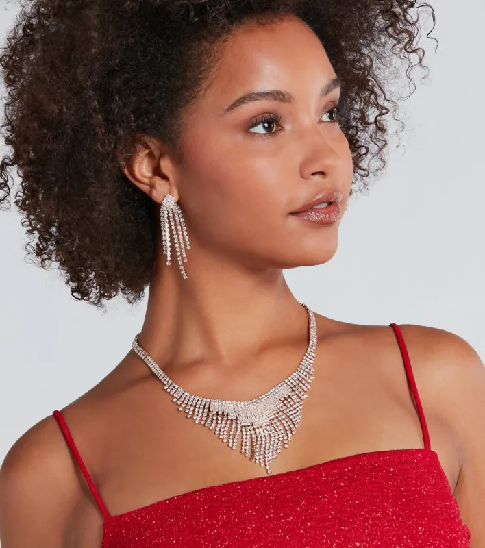 Level Up The Glitz Rhinestone Fringe Necklace And Earrings Set sold by Windsor