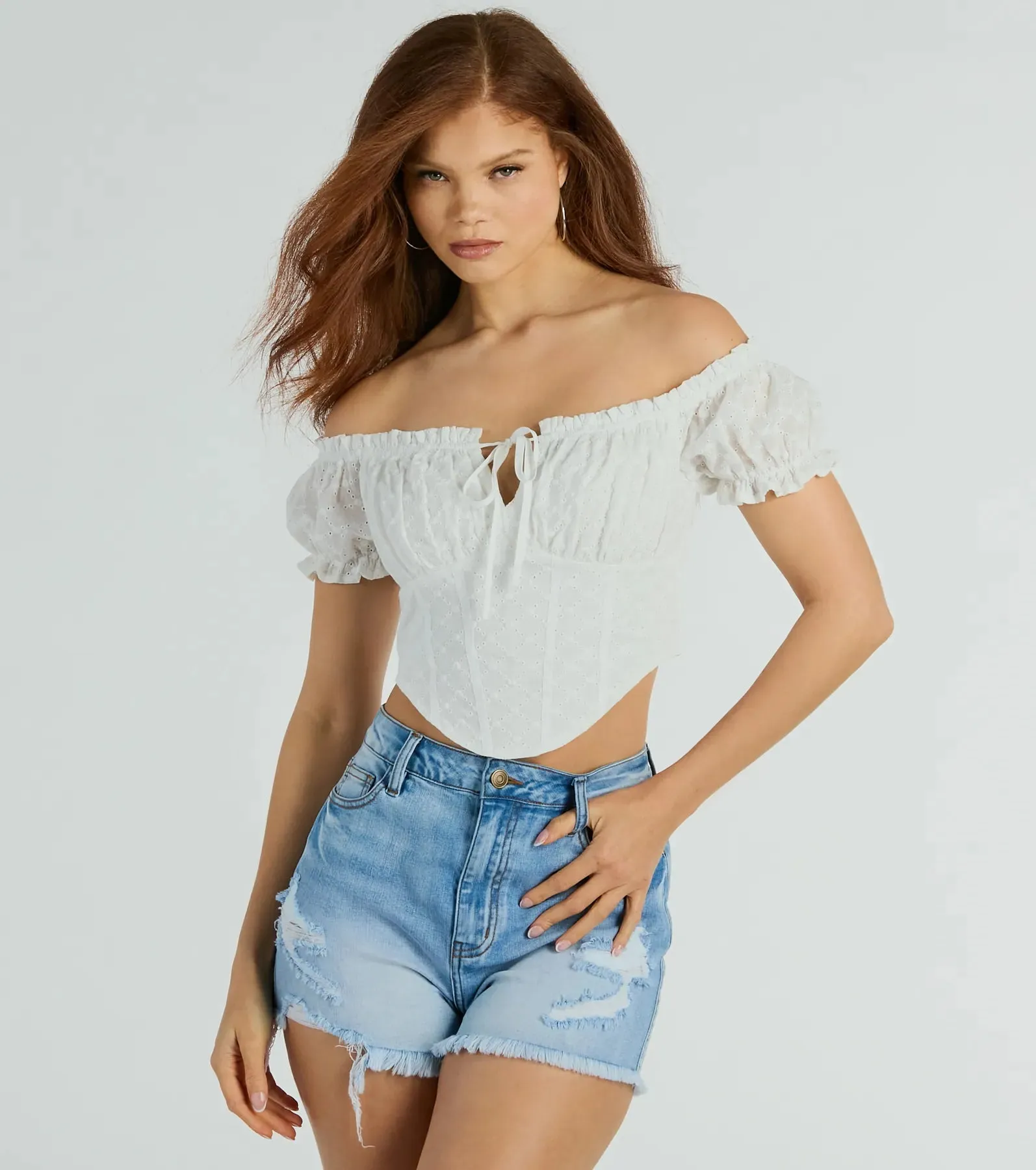 Effortless Mood Off-The-Shoulder Eyelet Corset Top sold by Windsor