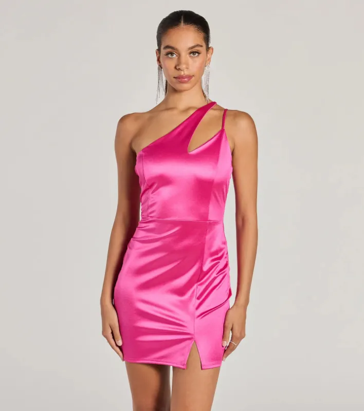Sultry Era One-Shoulder Strappy Satin Mini Dress sold by Windsor