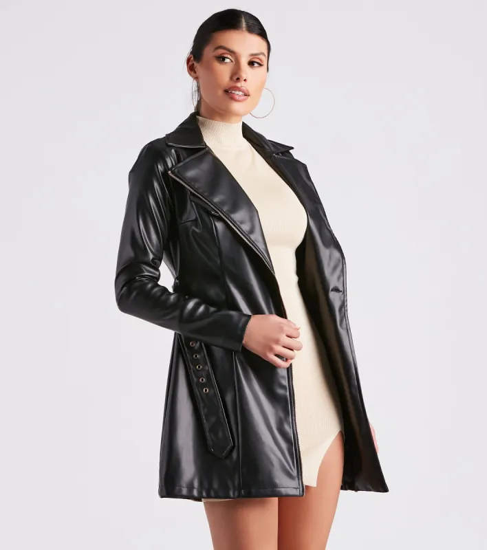 Cinched And Chic Faux Leather Trench Coat sold by Windsor