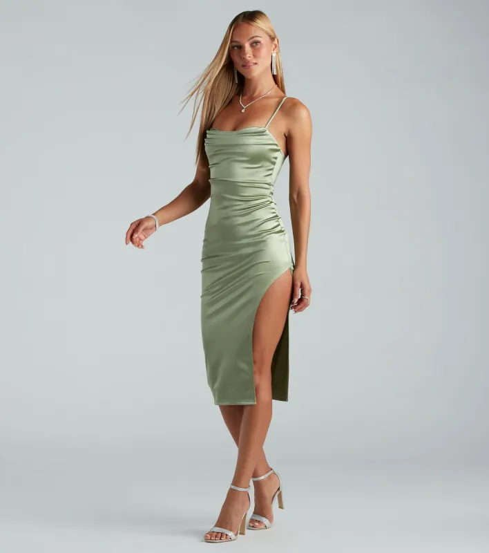 Exquisite Chic Satin Cowl Neck Slit Midi Dress sold by Windsor