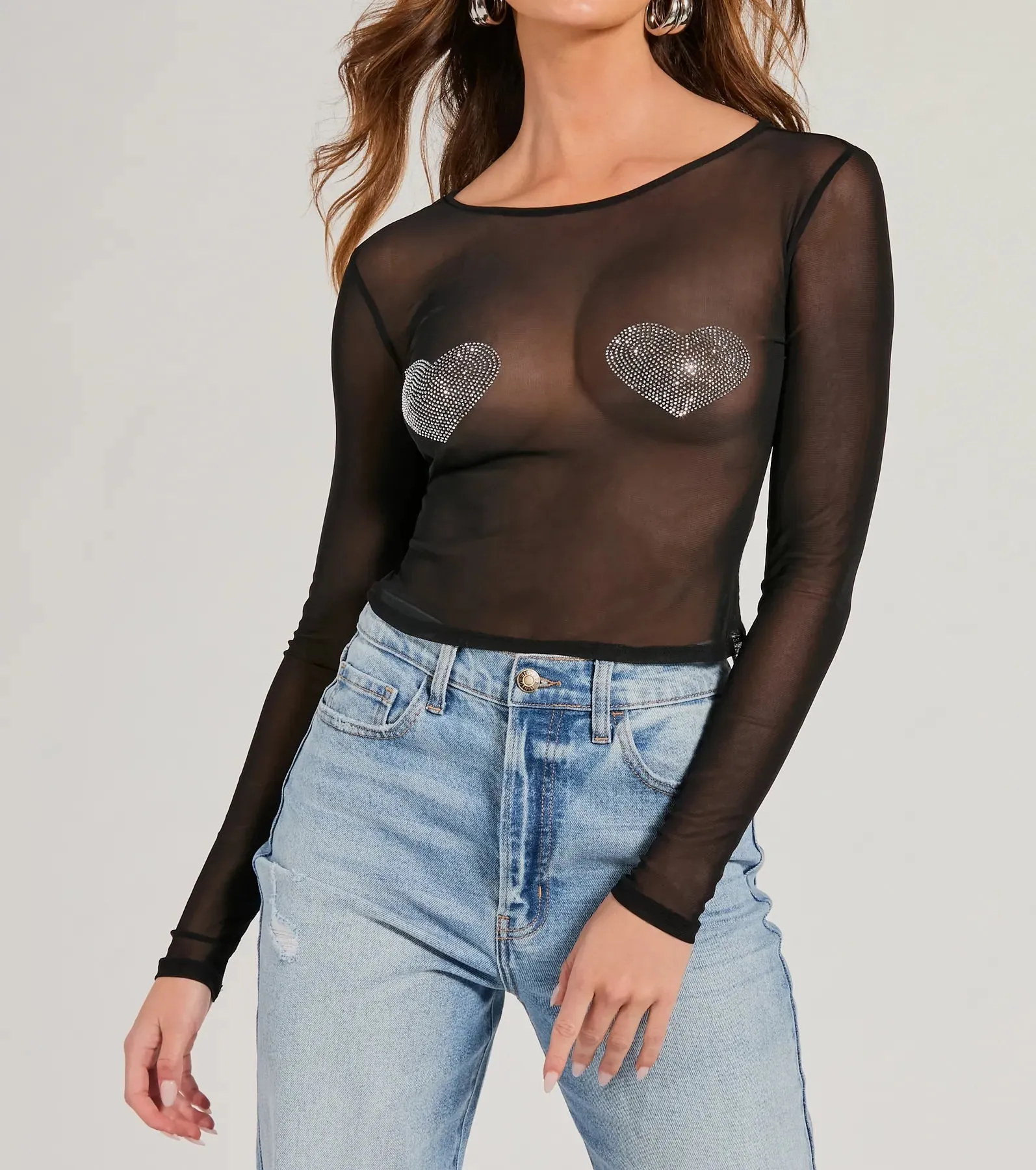 Flirt Alert Rhinestone Heart Sheer Mesh Crop Top sold by Windsor product image thumbnail 3