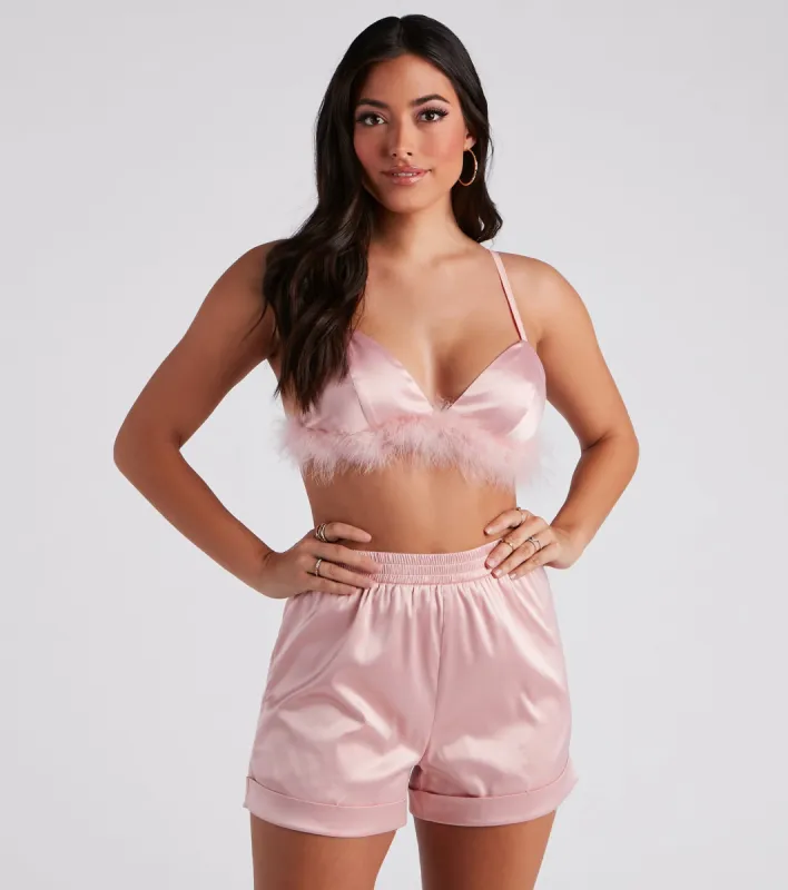 Flirtatious Satin Feather Trim Pajama Set sold by Windsor