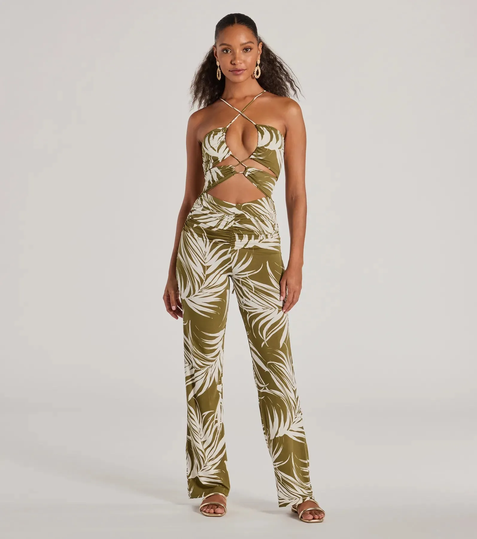 Jet-Set to Paradise Strappy Cutout Tropical Knit Jumpsuit sold by Windsor
