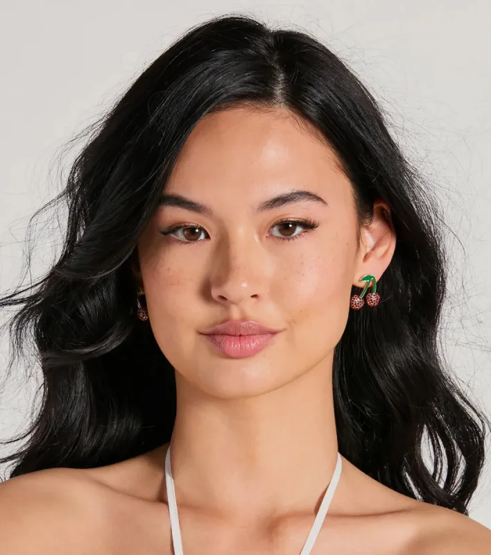 Perfect Topping Rhinestone Cherry Earrings sold by Windsor