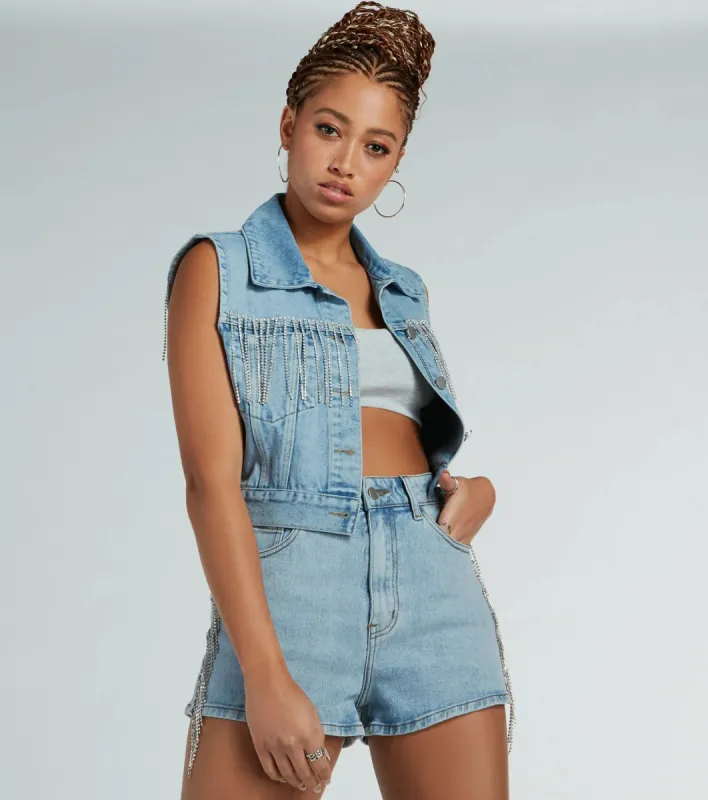 Country Glamour Rhinestone Fringe Denim Vest sold by Windsor