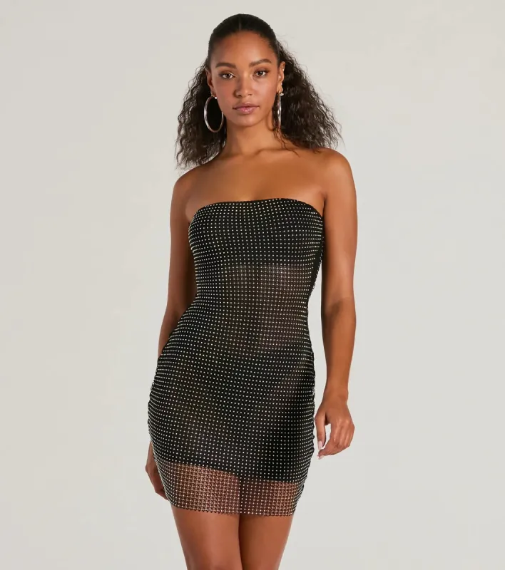 Dancing Babe Strapless Rhinestone Fishnet Mini Dress sold by Windsor