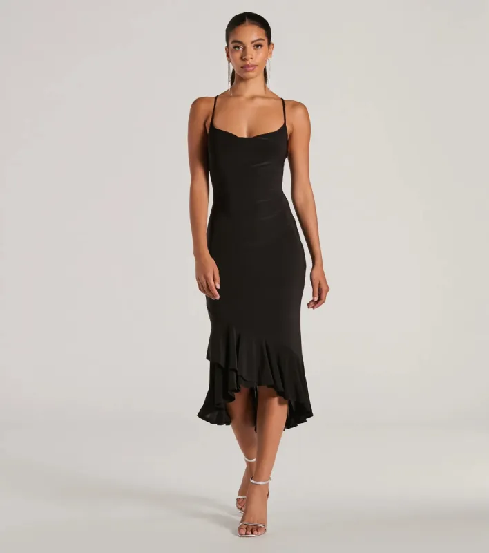 Secret Weapon Cowl Neck Bodycon Ruffle Midi Dress sold by Windsor