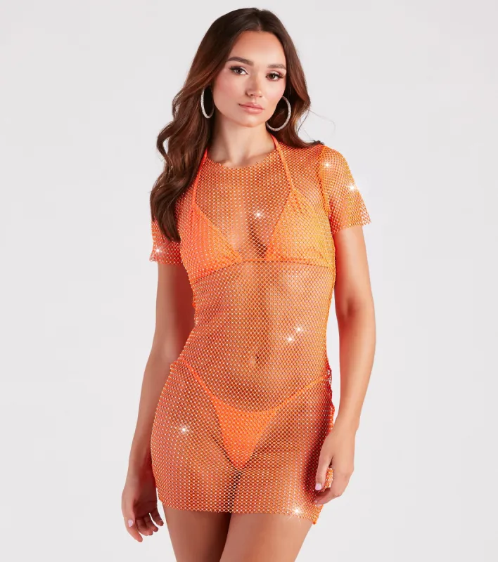CLEARANCE - Fierce Summer Vibes Rhinestone Fishnet Mini Dress sold by Windsor