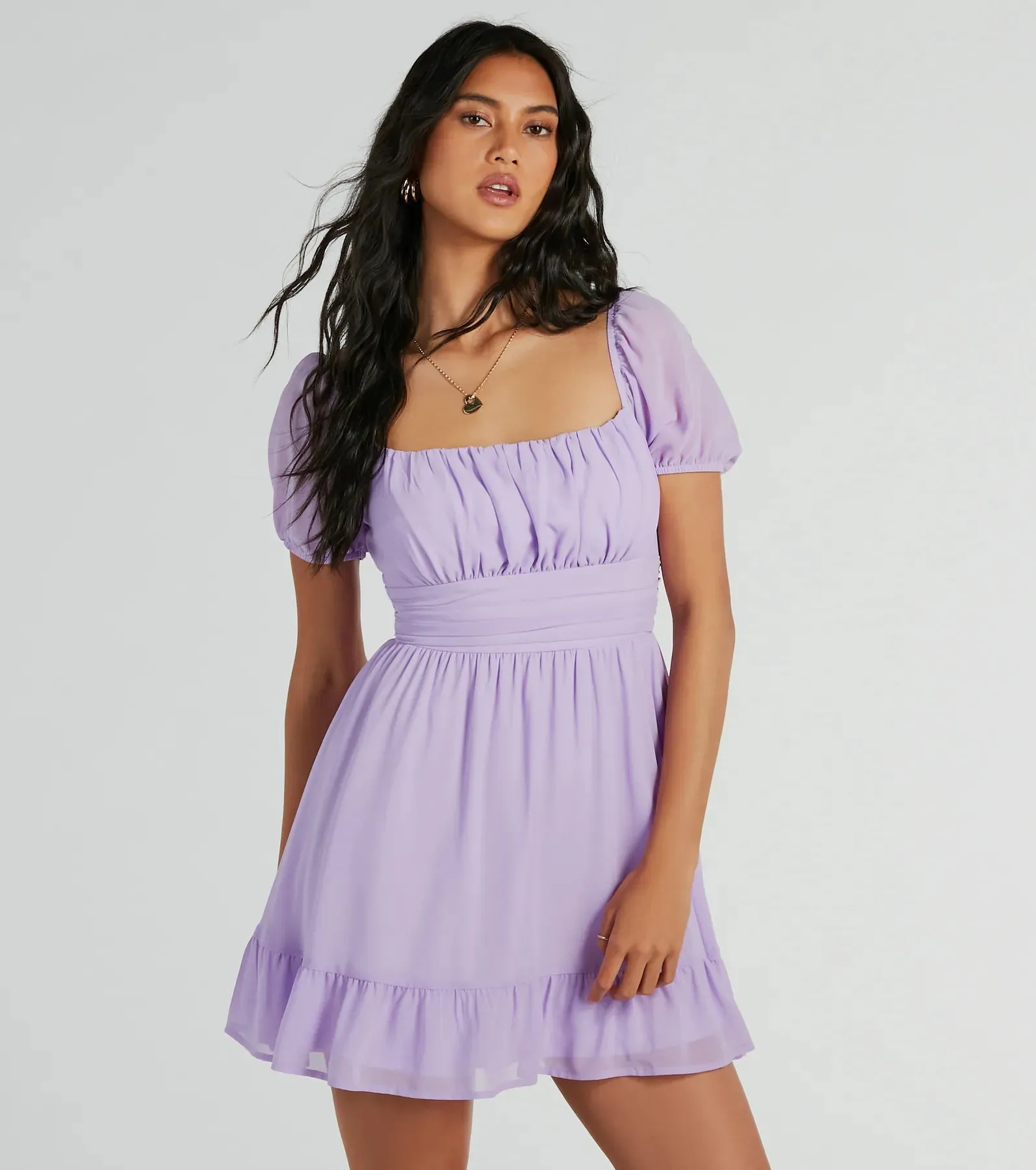 Charming Style Puff Sleeve Chiffon Skater Dress sold by Windsor