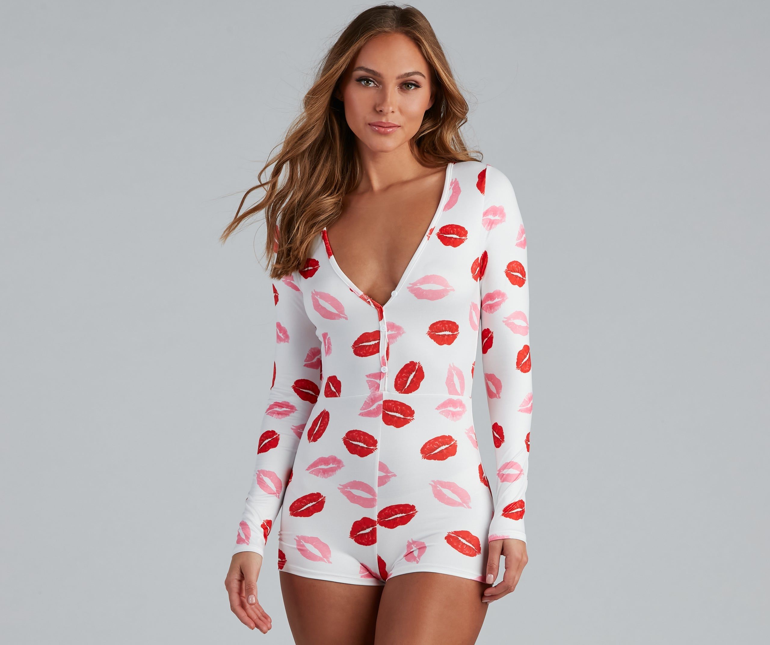 Kiss Kiss Lip Print Pajama Romper sold by Windsor