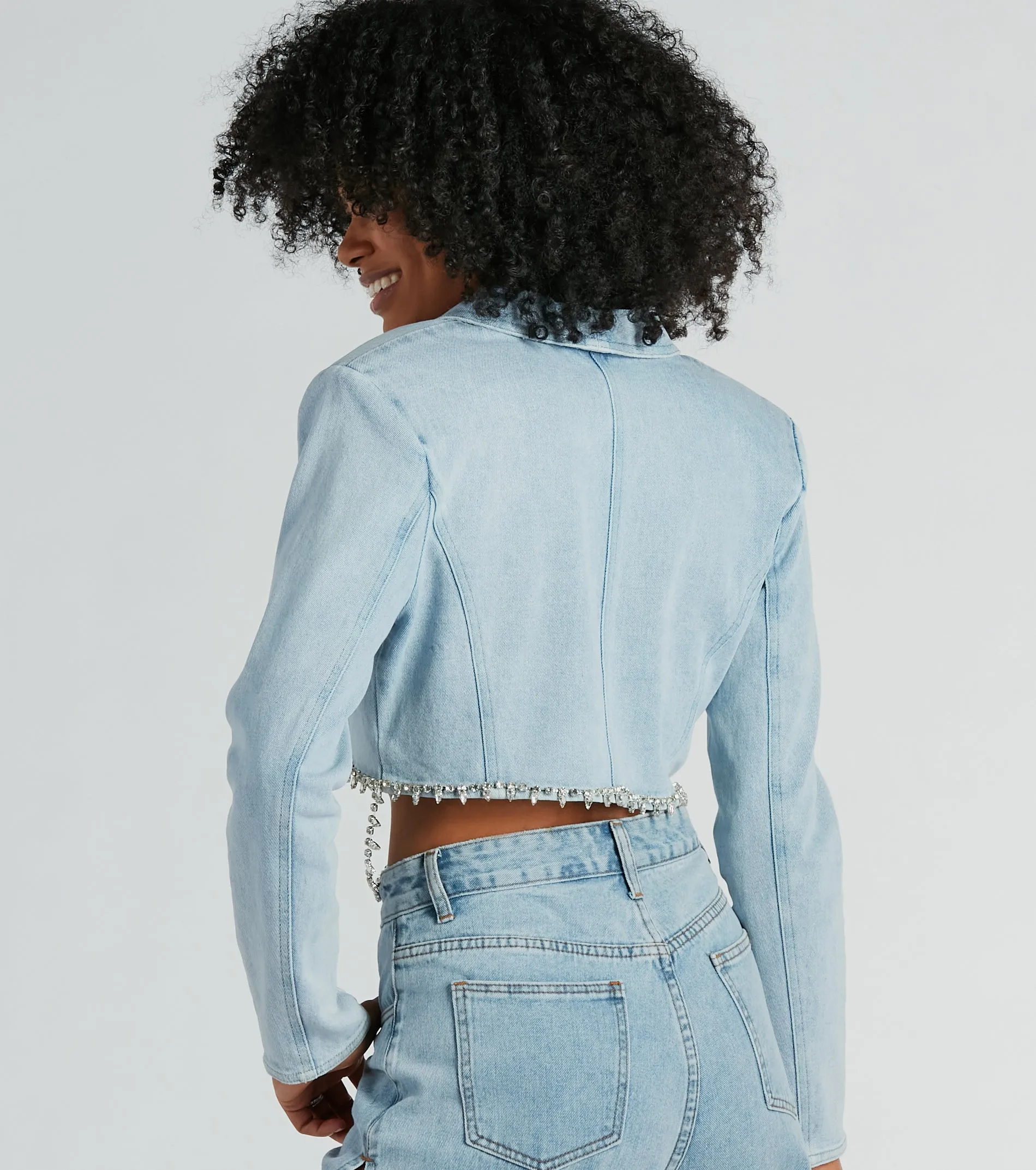 Oh So Icy Rhinestone Trim Crop Denim Blazer sold by Windsor product image thumbnail 3