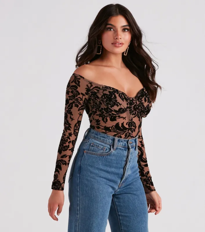 Regal Affair Flocked Velvet Bodysuit sold by Windsor