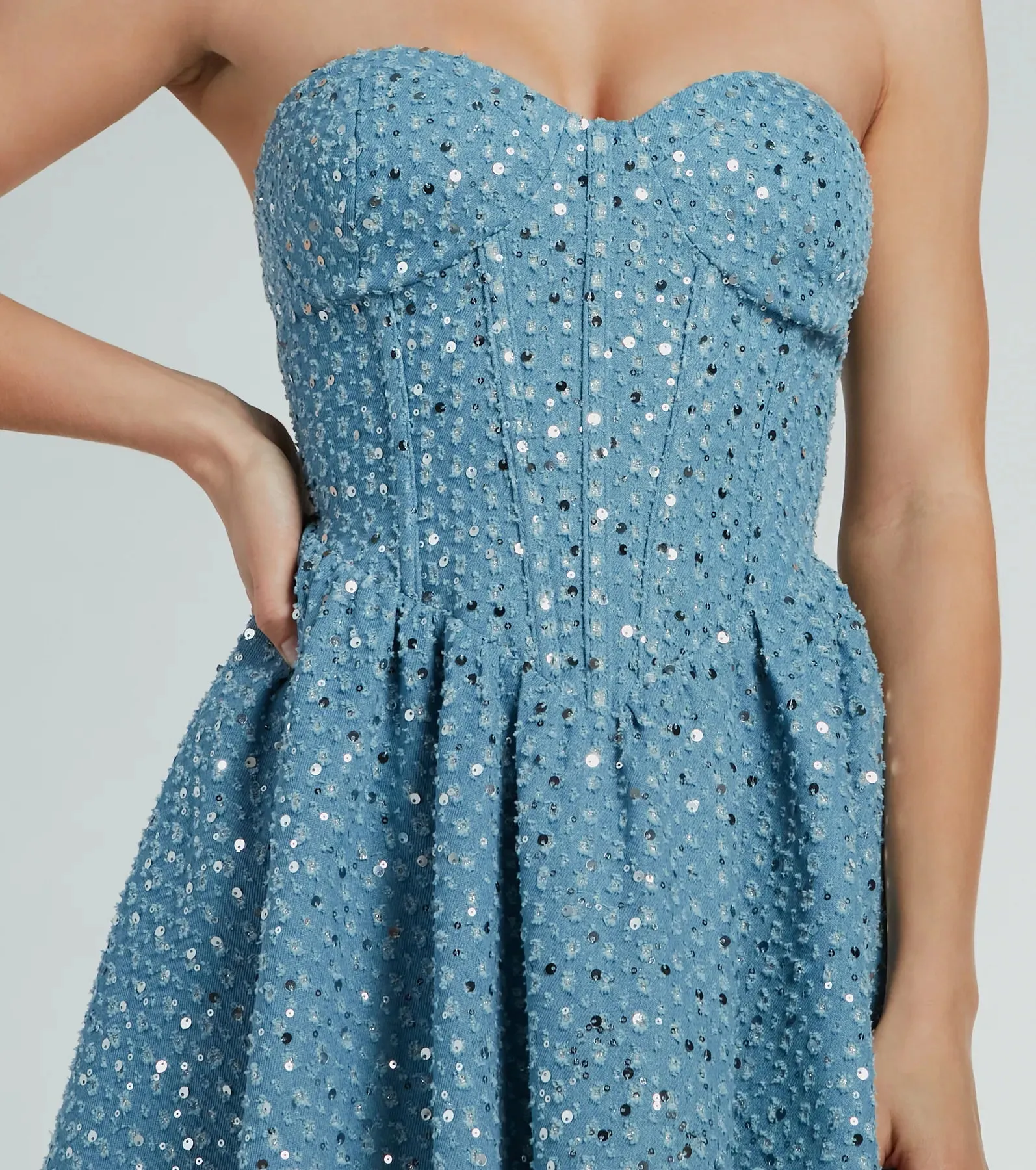 So Flirty Strapless Sequin Glitter Denim Skater Dress sold by Windsor product image thumbnail 4