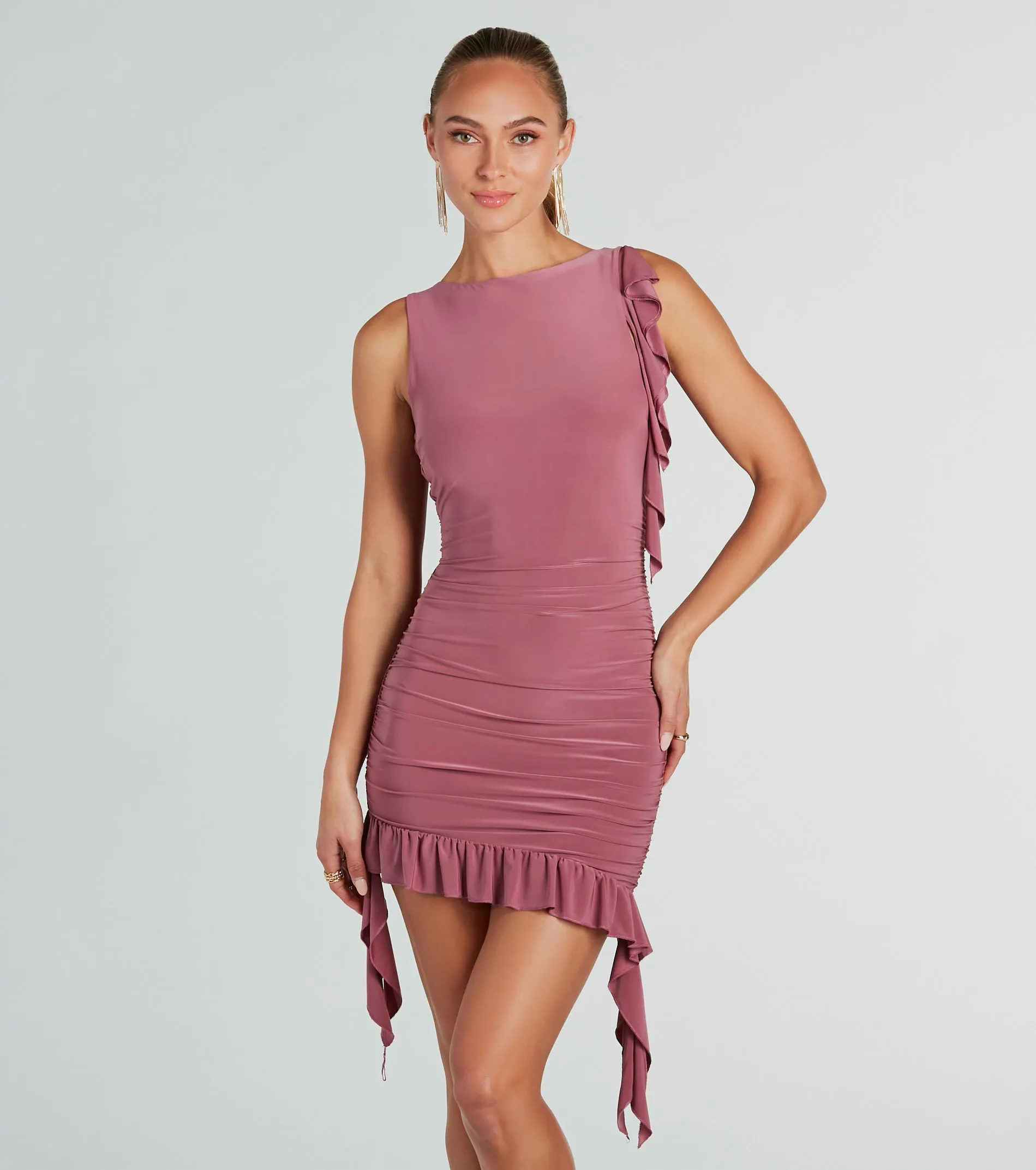 Chic Status Ruffled And Ruched Mini Dress sold by Windsor