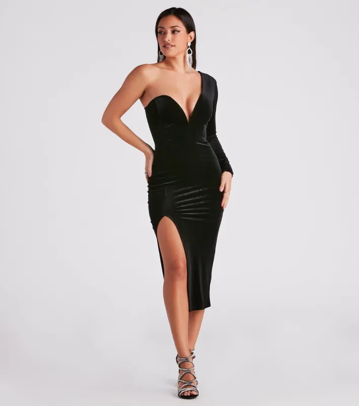 Claire Formal One-Shoulder Velvet Midi Dress sold by Windsor