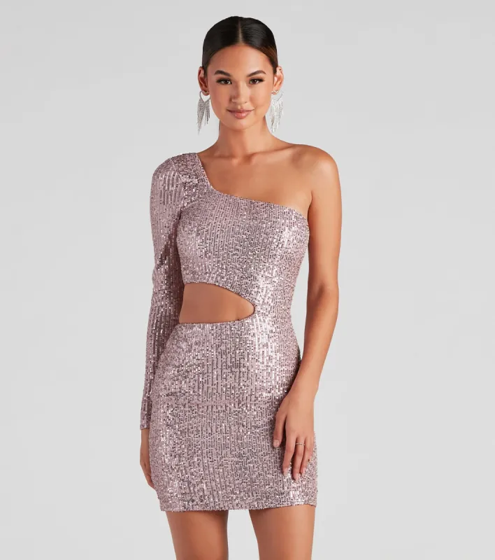 CLEARANCE - Sparkle Party Sequin One-Shoulder Mini Dress sold by Windsor