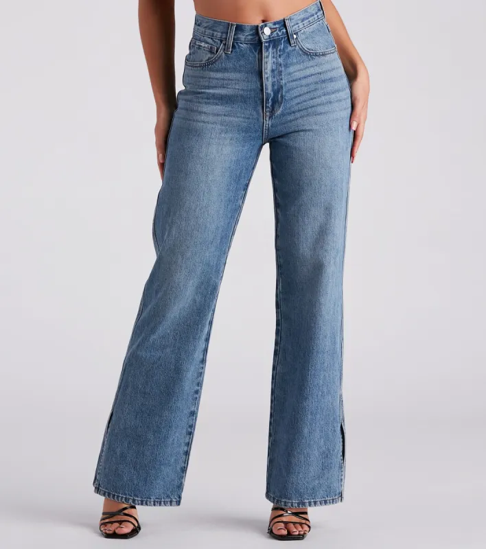 Low-Key Slay High Rise Wide Leg Slit Denim Jeans sold by Windsor