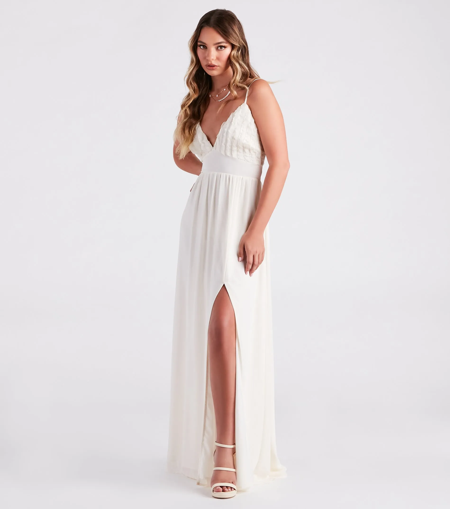 Blissful Beauty Chiffon Ruffle Trim V-Neck Maxi Dress sold by Windsor