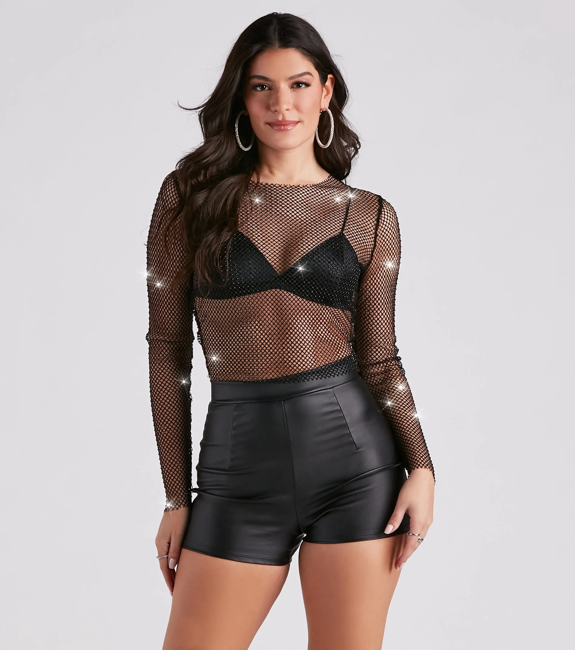 Edgy Glam Girl Rhinestone Fishnet Top sold by Windsor