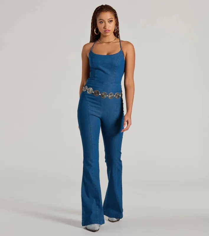 Casual And Cool Lace-Up Flare Denim Jumpsuit sold by Windsor