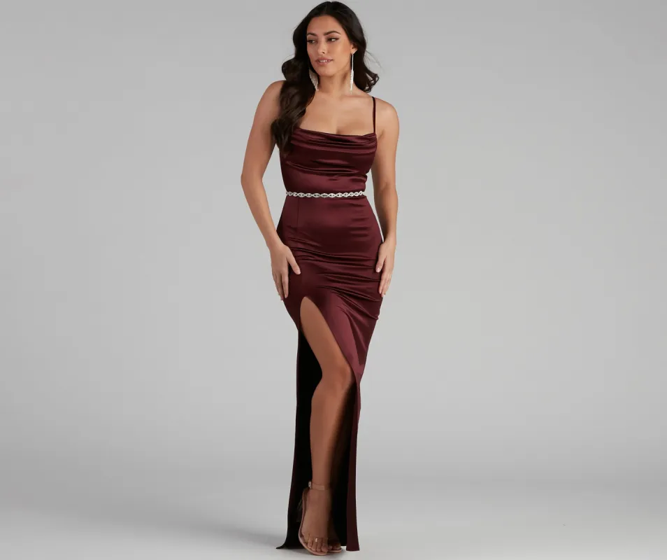 CLEARANCE - Lala High Slit Satin Formal Dress sold by Windsor