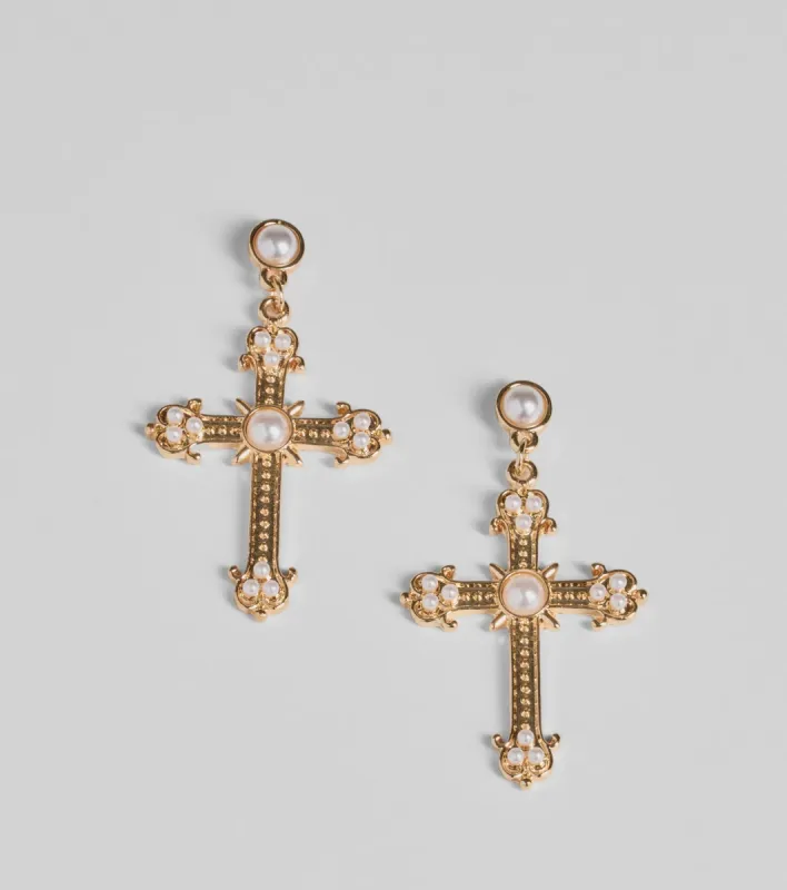 Blessed All Day Faux Pearl Cross Earrings sold by Windsor