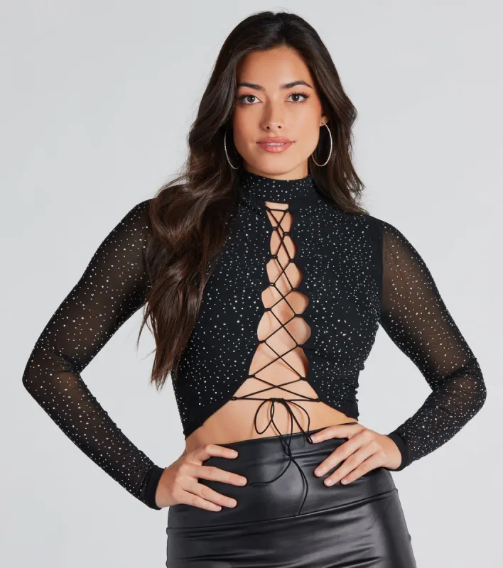 Vamped Up Rhinestone Lace-Up Crop Top sold by Windsor