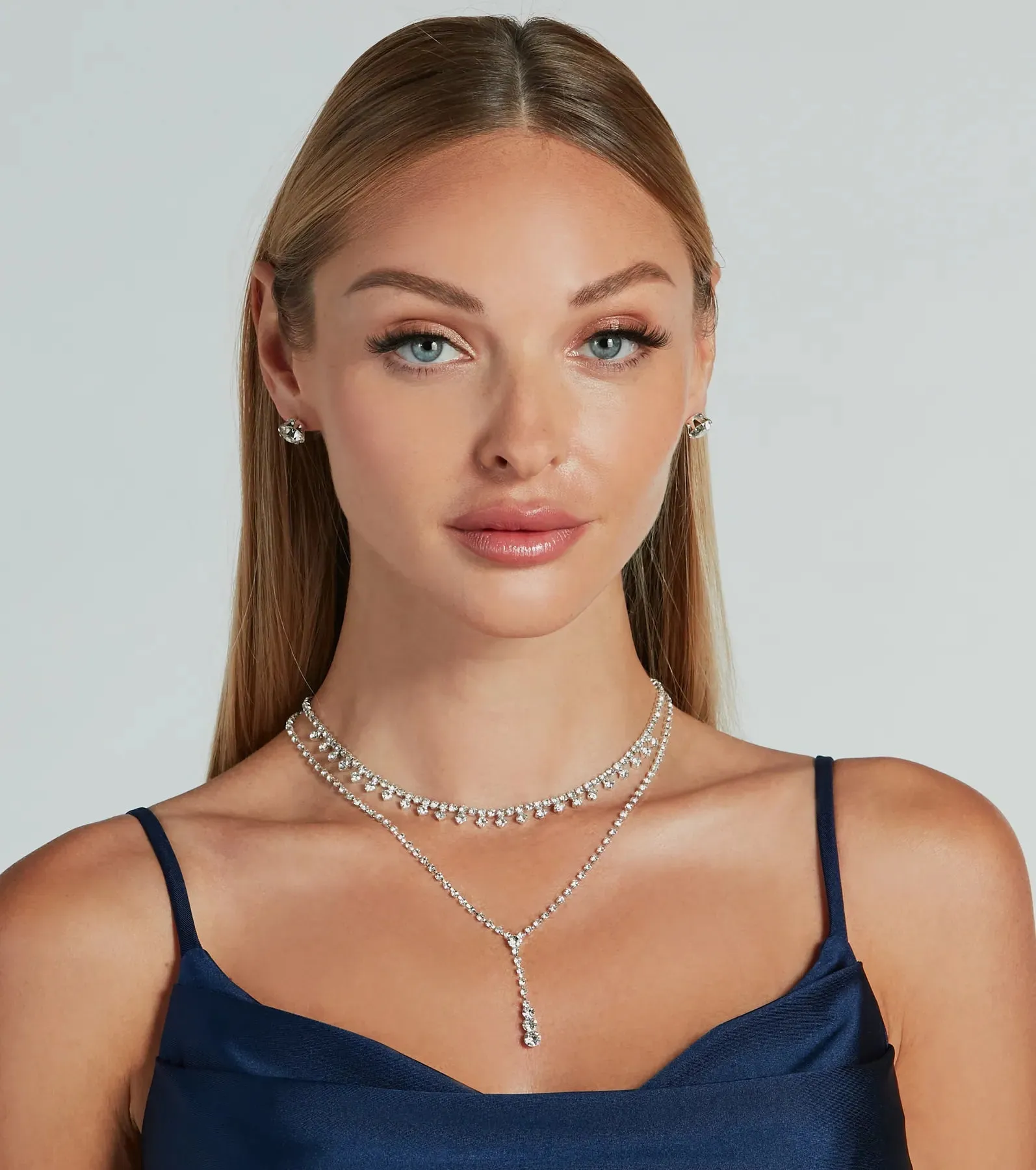 Glam Shine Rhinestone Lariat Necklace And Earrings Set sold by Windsor