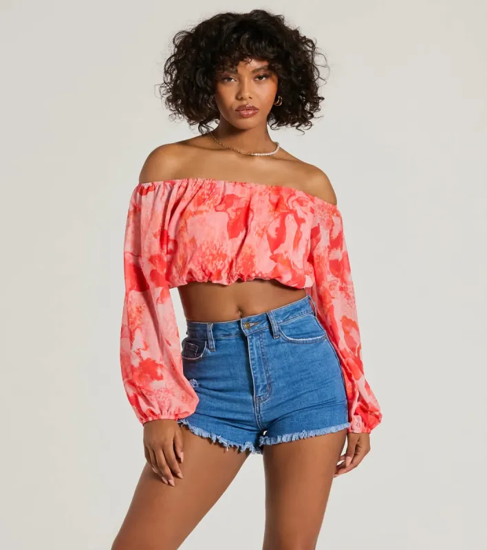 Sunset Beauty Off-The-Shoulder Marble Chiffon Crop Top sold by Windsor