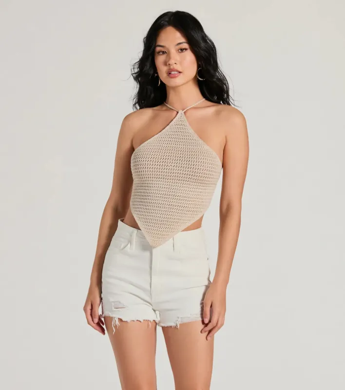 Boho Style Crochet Hanky Hem Halter Top sold by Windsor