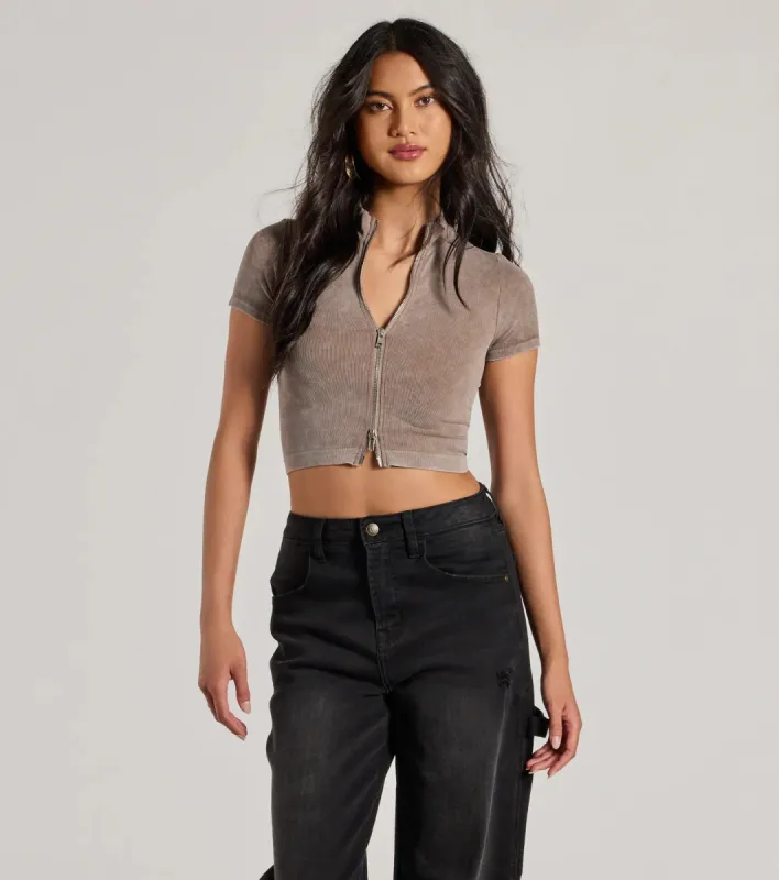Trending Vibe Short Sleeve Zip Up Crop Top sold by Windsor