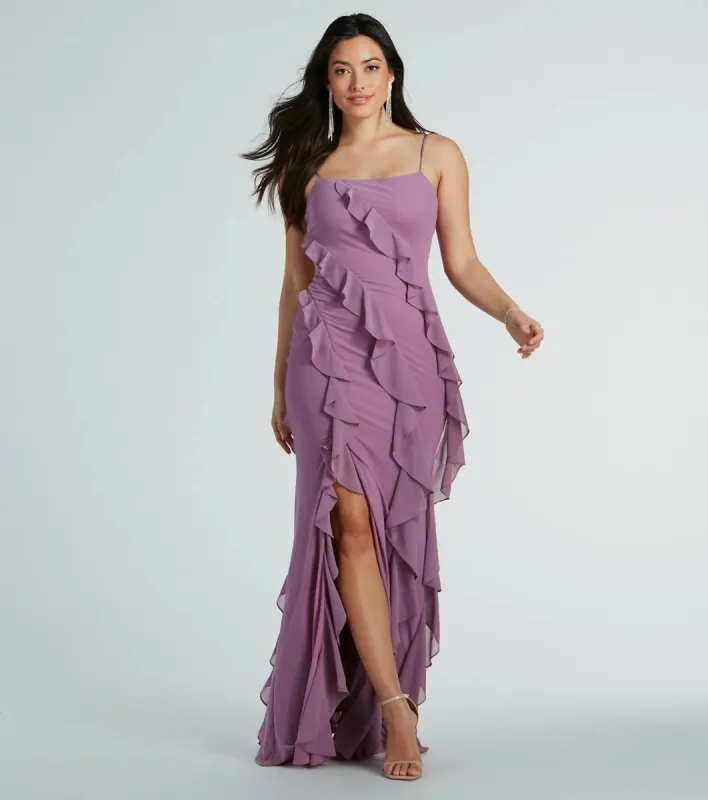 Sophia Lace-Up Ruffle Mermaid Mesh Formal Dress sold by Windsor